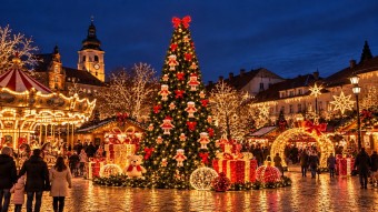 Brad luminos maxi complet decorat Crăciun 9 m înălțime Cookies for Christmas, brazi luminoși mari profesionali complet decorați pentru Crăciun, iluminat festiv profesional
