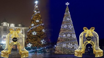 Clopot luminos gigant 4 m inaltime de exterior, figurina maxi clopot luminos auriu personalizat, iluminat festiv Craciun