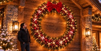 Coroniță luminoasa mare brad de exterior decorată 2 m diametru pentru fațadă clădire, decor Crăciun hotel primărie mall restaurant, coronițe brad Crăciun gigant