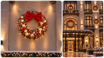 Coroniță luminoasa mare brad de exterior 1,3 m diametru decorată pentru fațadă clădire, decor Crăciun hotel primărie  mall restaurant, coronițe brad Crăciun