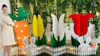 Loc foto Paste cu 8 decoratiuni de exterior, pachet 6 figurine gigant Paste 1,5 m, iepurasi, flori, morcovi, iluminat festiv Paste