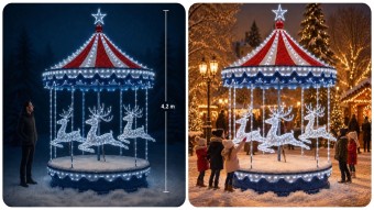 Set Carusel luminos Craciun cu reni maxi pentru decor exterior, carusel luminos maxi 4 m, iluminat festiv Craciun