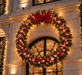 Coroniță luminoasa mare brad de exterior decorată 2 m diametru pentru fațadă clădire, decor Crăciun hotel primărie mall restaurant, coronițe brad Crăciun gigant